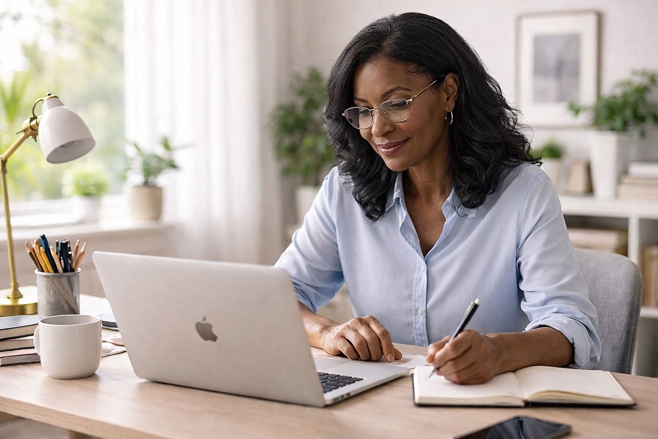 African American woman in her 50s sitting at her laptop in a sunlit home office, taking notes while researching “am I at risk for glaucoma” for Southwest Eye Institute educational resources.
