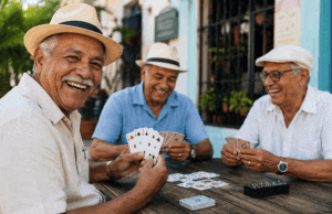 Group of senior men playing cards and joking after finding out if can you reverse cataracts without surgery at Southwest Eye Institute.