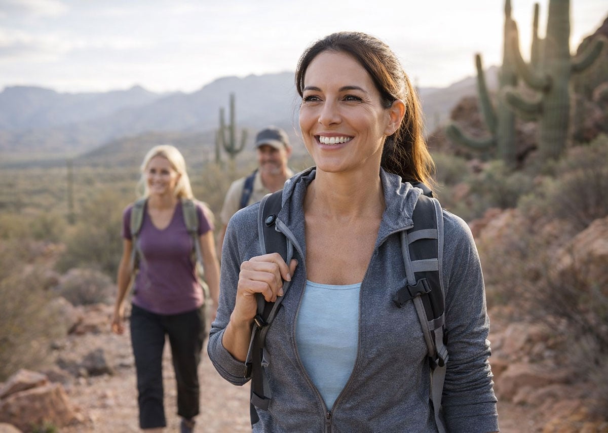Hyperopia LASIK patient hiking with friends in a desert landscape at Southwest Eye Institute.