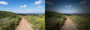 Dirt trail winds through a grassy hillside with yellow wildflowers under a blue sky, shown twice side by side in bright daylight and darker lighting.