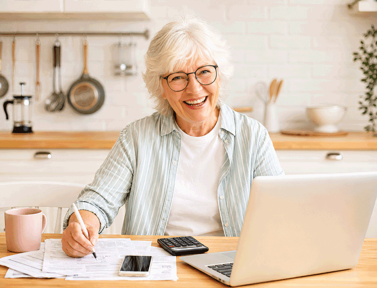 Senior woman researching cataract surgery cost at Southwest Eye Institute.