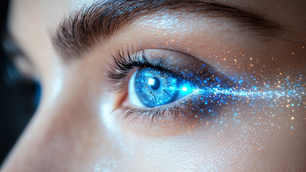 Excessive screen time on eyes. Close-up of an eye illuminated by digital blue light particles
