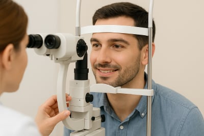 Man in his 30s undergoing a comprehensive eye exam with a slit lamp biomicroscope, smiling as the eye doctor adjusts the equipment.