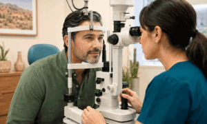 Southwest Eye Institute common eye myths image of a middle-aged man receiving a comprehensive slit-lamp eye exam from an eye doctor.