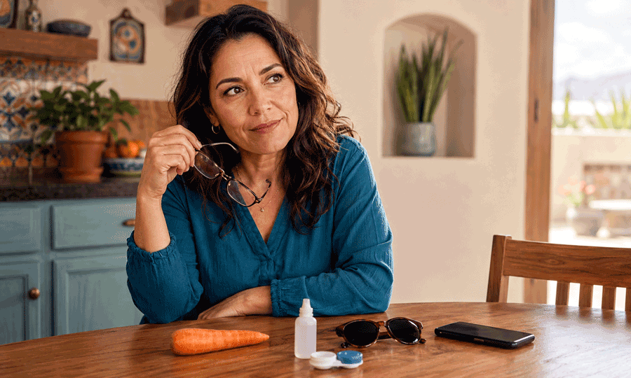 Southwest Eye Institute common eye myths image of a woman holding reading glasses beside a carrot, sunglasses, eye drops, contact lens case, and smartphone.