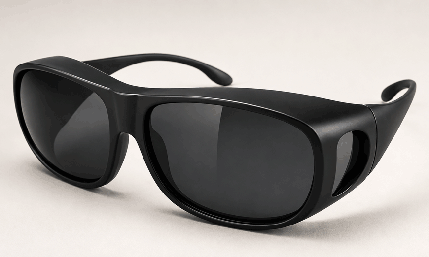 Black wraparound sunglasses with large dark lenses and side shields, shown at an angle.