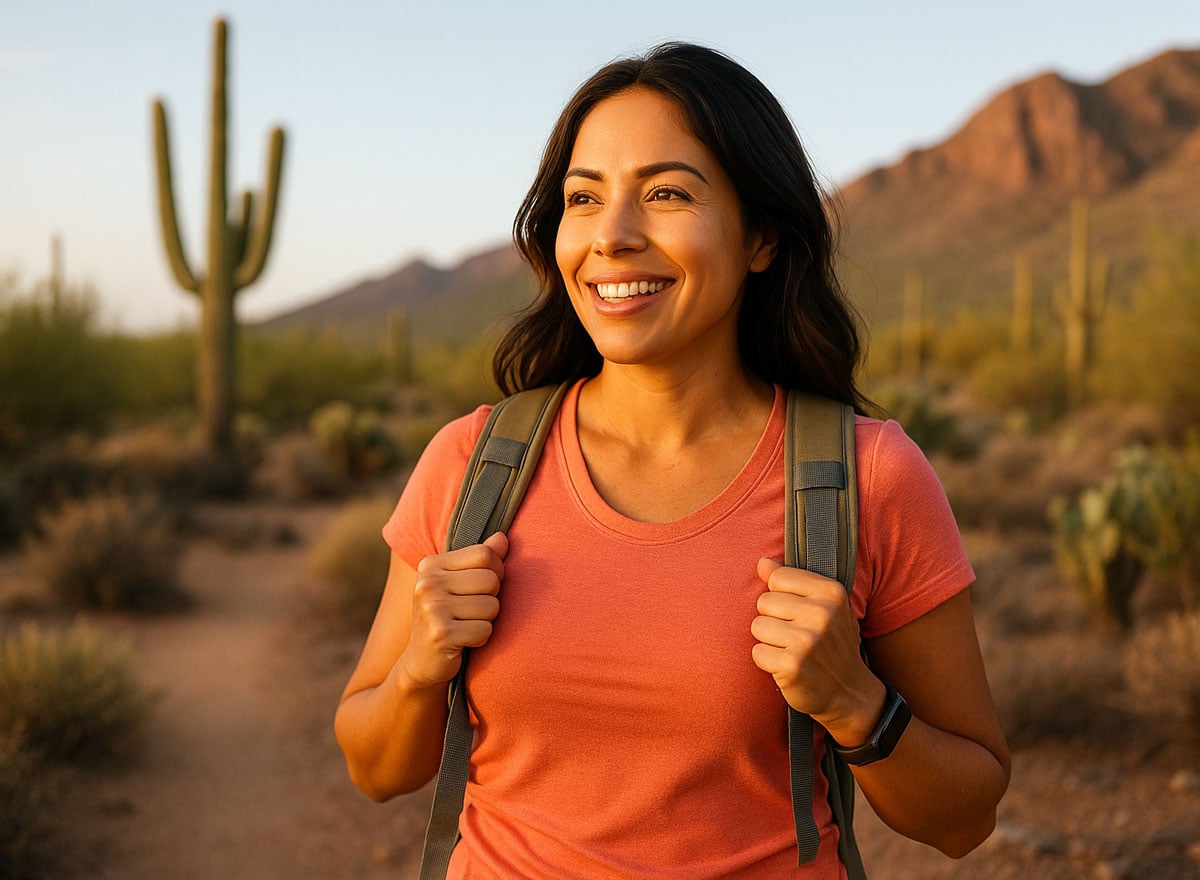 LASIK recovery journey 30-year-old Hispanic woman hiking happily through the Sonoran desert