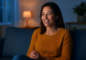 A smiling woman with brown hair wearing an orange sweater sits on a blue sofa in a cozy living room.