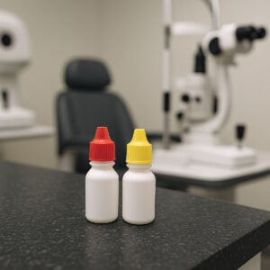 Two small white eye drop bottles with red and yellow caps on a dark counter in a modern exam room, representing anti inflammatory treatment for a yellow spot on eye