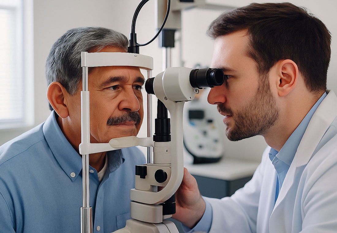 Older Hispanic man having his eye pressure checked at a slit lamp with a female optometrist before Microinvasive Glaucoma Surgery (MIGS) at Southwest Eye Institute