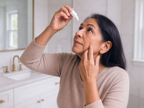 Older Hispanic woman in a modern bathroom tilting her head back and putting in glaucoma eye drops after Microinvasive Glaucoma Surgery (MIGS) with Southwest Eye Institute