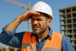 Middle aged Hispanic construction worker squinting in bright sun without eye protection, illustrating UV exposure that can lead to a yellow spot on eye - Southwest Eye Institute