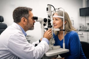 Eye doctor performing a slit lamp exam on a middle aged woman to evaluate a yellow spot on eye in a modern Southwest Eye Institute exam room