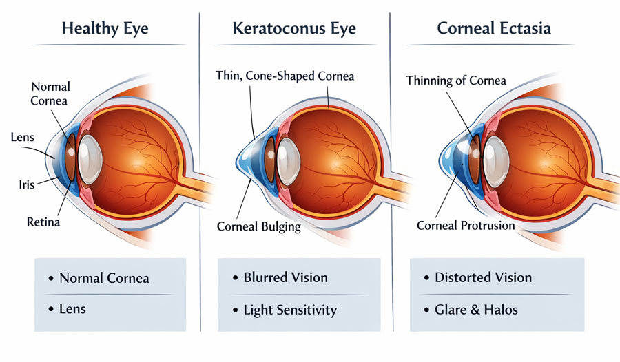 Diagram comparing a healthy eye, a keratoconus eye, and an eye with corneal ectasia, showing normal corneal shape versus corneal thinning and forward bulging.