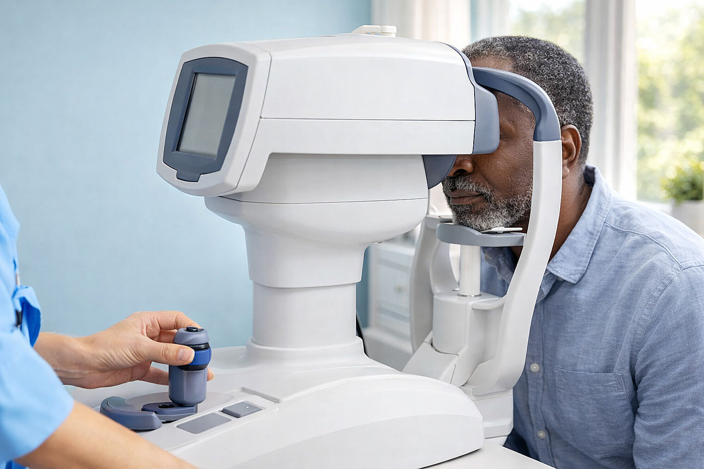 A 55-year-old African American man having an OCT scan at Southwest Eye Institute to check his optic nerve, illustrating how doctors can detect glaucoma even when eye pressure is normal.