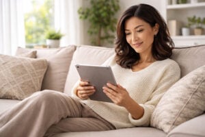 An attractive Japanese woman in her 40s relaxes on her sofa with an iPad, calmly reading about whether you can have glaucoma with normal eye pressure, representing a Southwest Eye Institute patient learning about her eye health at home.