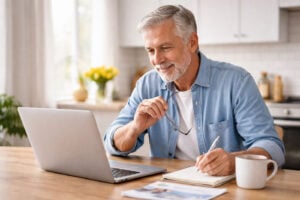 A man in his mid-60s sits at a sunlit desk, researching cloudy vision after cataract surgery on his laptop and taking notes about treatment options at Southwest Eye Institute.