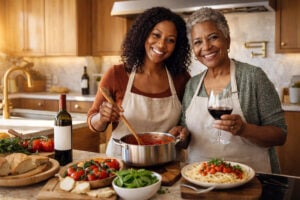 Mother and daughter cooking Italian food while discussing eye pressure and vision health at Southwest Eye Institute