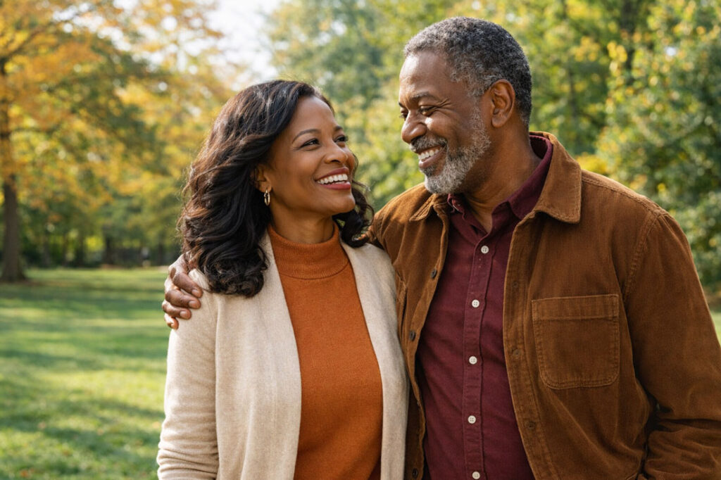 African American couple in their late 50s smiling together in a sunny park after learning there are treatment options for glaucoma even with normal eye pressure.