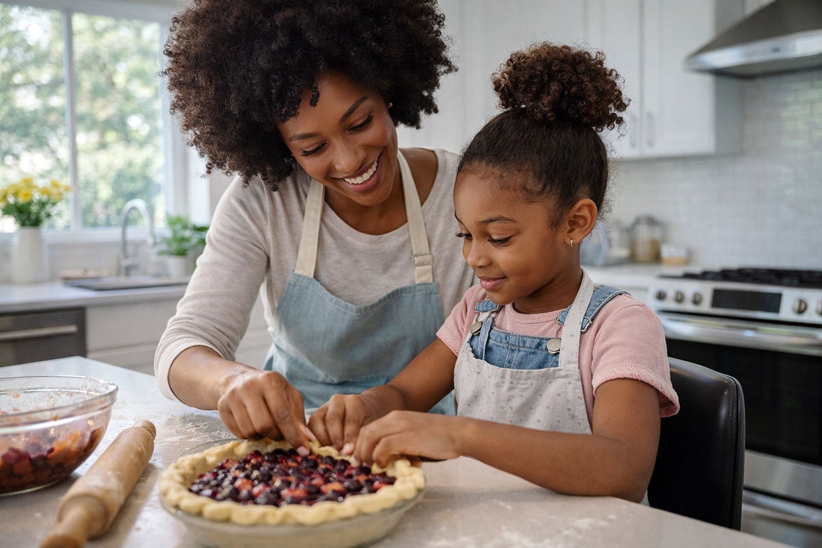 Mother and daughter baking a pie in a bright modern kitchen after vision correction for thin corneas at Southwest Eye Institute