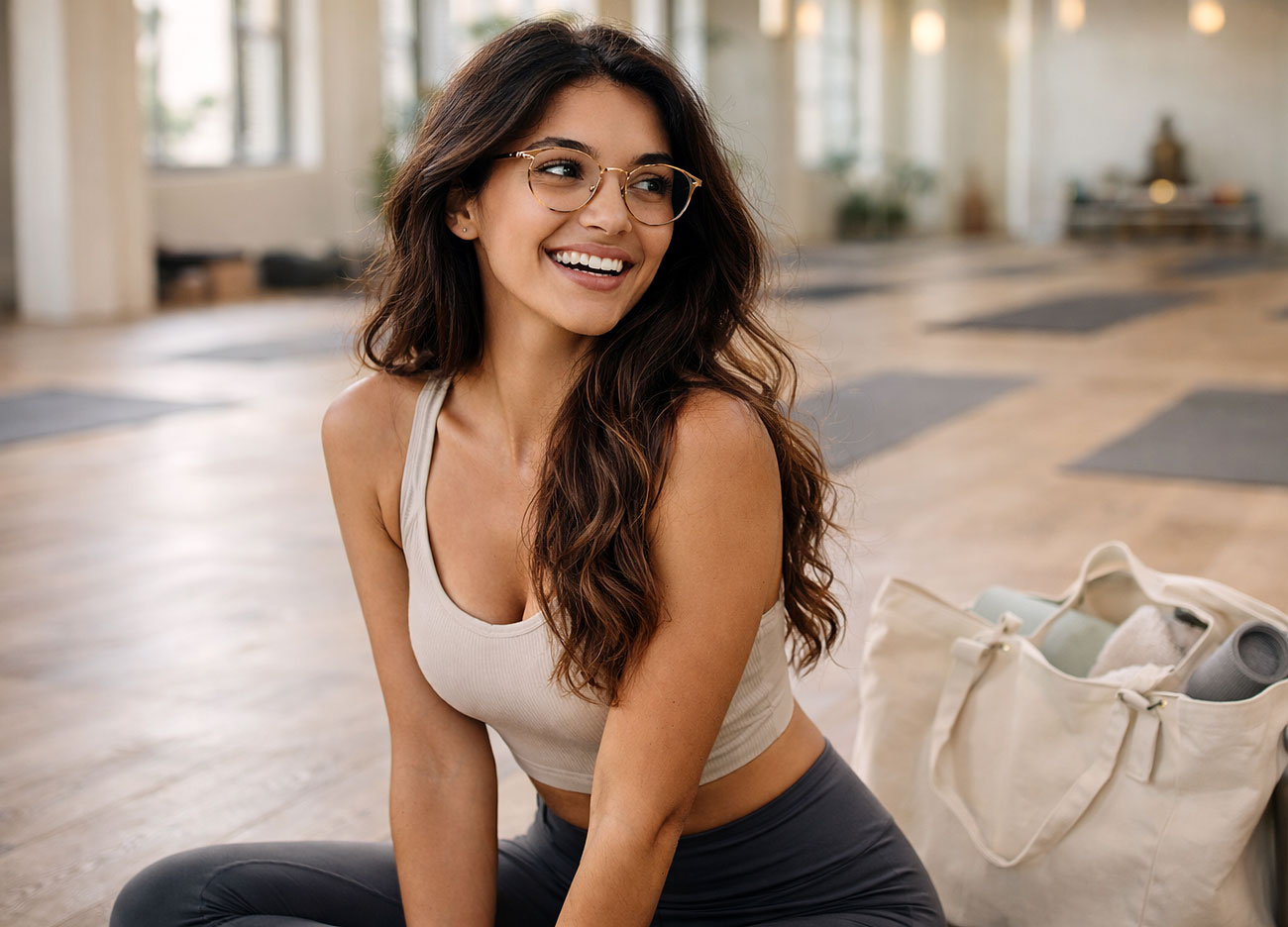 Young woman in her West Texas yoga studio considering LASIK vs EVO ICL before her visit to Southwest Eye Institute.