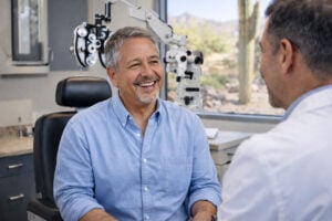 Man in his late 50s expieriencing visoin changes because of his age, in an eye exam at Southwest Eye Institute.