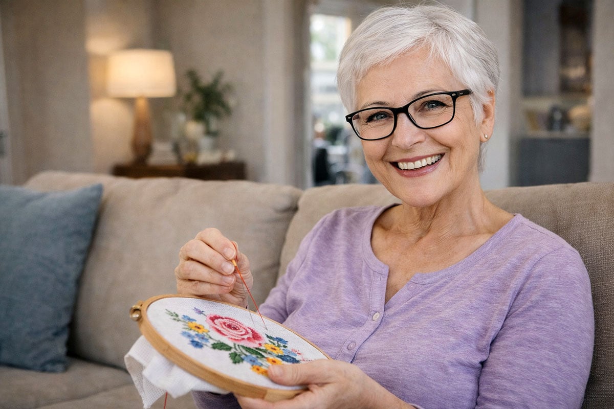 Senior woman back to cross-stiching after learning how your vision changes with age from Southwest Eye Institute.
