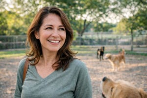 Mid 40s woman at the dog park after learning about how your vision changes with age at Southwest Eye Institute.