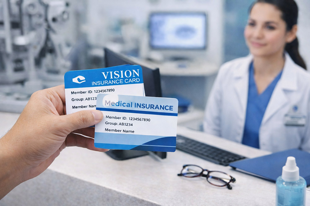 Patient presenting insurance cards at an eye clinic front desk while checking in to prepare for appointment.