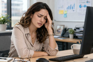 Woman suffering from an ocular migraine at her office, Southwest Eye Instititue.