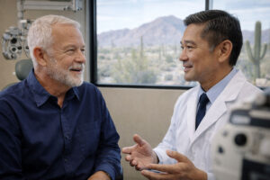 Patient with his eye surgeon discussing his candacy for EVO ICL surgery at Southwest Eye Institute.