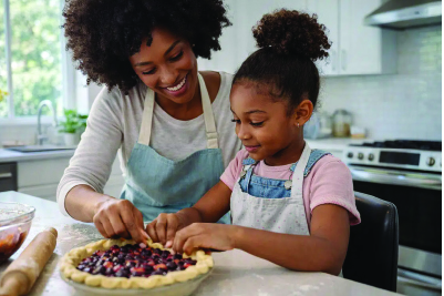 Image of a mother baking a pie with her daughter after having surgery with Southwest Eye Institute.