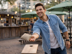Young man playing cornhole after LASIK surgery, Is LASIK permanent, find out at Southwest Eye Institute.