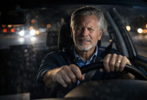 An older man with gray hair and stubble driving a car at night, gripping the steering wheel with a tense, focused expression.