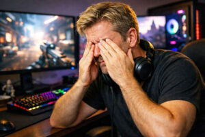 Man suffering from digital eye strain from gaming because he needs to better understand blinking and eye health and should learn more from Southwest Eye Institute.