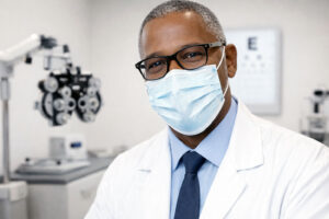 A doctor in a white lab coat, blue tie, and protective face mask stands in a medical clinic.