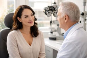 Woman in a comprehensive eye exam fro myopia treatment at Southwest Eye Institute.