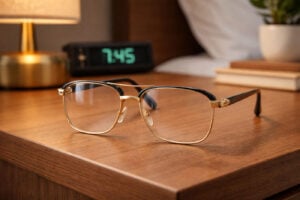 Metal-rimmed eyeglasses resting on a wooden desk with a digital clock showing 7:45 in the background.