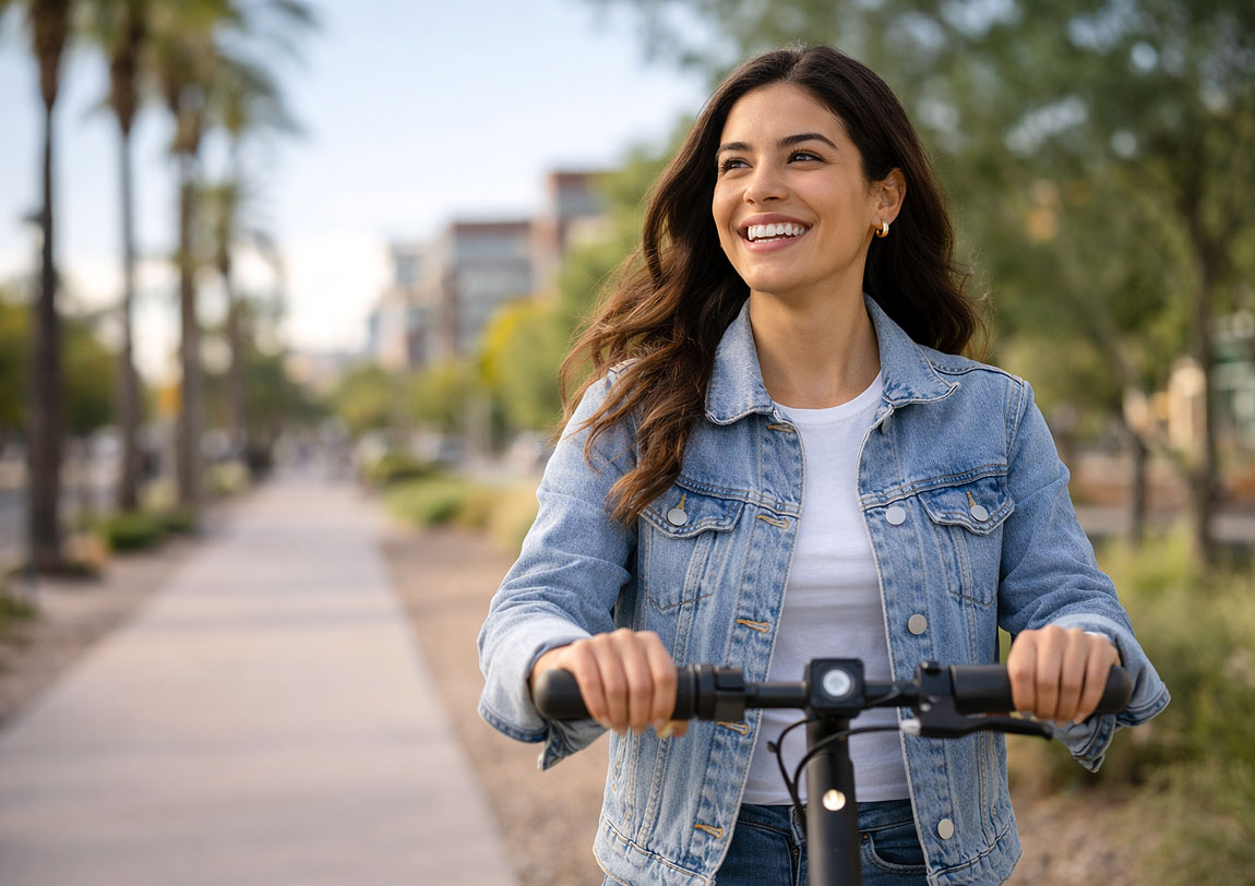 Young Hispanic woman on her electric scooter thinking is LASIK permanent, at Southwest Eye Institute in West Texas.