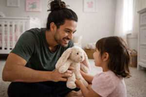 Father playing on the floor with his daughter during recovery from EVO ICL implantation at Southwest Eye Institute.