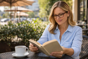 A woman with glasses sits at an outdoor café reading a book, with a cup of coffee on the table.