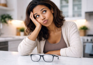 Woman is tired of her glasses, thinking about her vision correction options from Southwest Eye Institute.