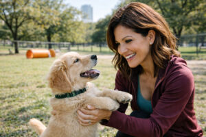 Woman playing with her puppy at the park after EVO ICL surgery from Southwest Eye Institute.