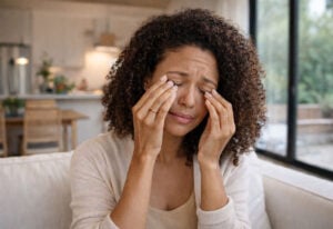 Woman expieriencing contact lens intolerance and needs treatment from Southwest Eye Institute..