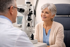 Senior woman in eye exam to find treatment for her posterior capsular opacification at Southwest Eye Institute.