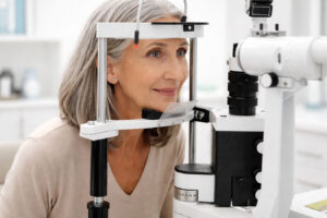 Senior woman taking an eye exam at southwest eye institute to determine the best vision correction for high prescriptions,