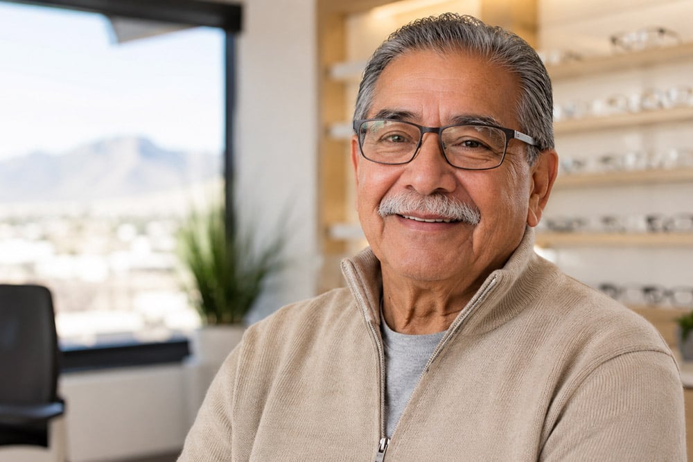 Older man wearing glasses smiling in a bright eye care office after a cataract consultation.