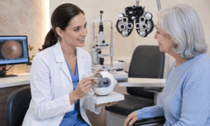 Eye doctor using an anatomical eye model to explain cataracts to a senior patient during a cataract surgery cost consultation in El Paso and Las Cruces.