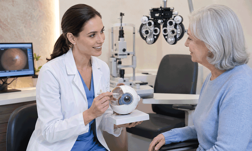Eye doctor using an anatomical eye model to explain cataracts to a senior patient during a cataract surgery cost consultation in El Paso and Las Cruces.