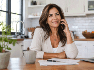 Southwest Eye Institute patient speaking on the phone at her kitchen table while reviewing cataract surgery cost information.
